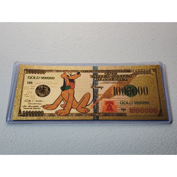 Rare Disney Pluto Gold Foil .999999 - 24K Gold Note In Protective Holder - Mint Condition