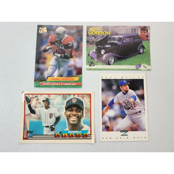 Lot of 4 Assorted Sports Trading Cards: Johnny Johnson, Jeff Gordon, Donell Nixon, Paul Wilson