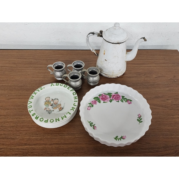 Vintage ABC Baby Plate, Decorative Pie Dish, (4) Small Metal Cups, Enamelware Pot