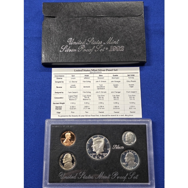 1992 S United States Mint Proof Silver Set - 5 Coins w/ Box & COA