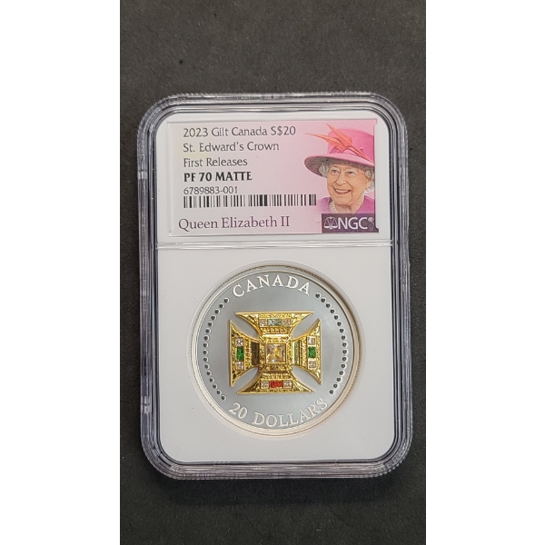 2023 NGC Gilt Canadian St. Edwards Crown First Releases PF 70 MATTE $20 1 oz 99.99% Pure Silver Coin