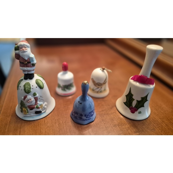 PICKUP IN CANTON - BEAUTIFUL SELECTION OF 6 PORCELAIN BRASS & GLASS BELLS ALL MINT