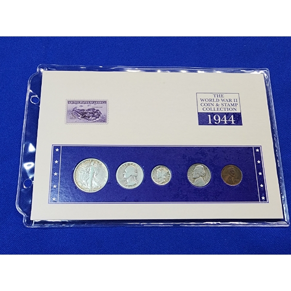 The WWII Coin & Stamp Collection 1944: 5 Coins in Binder Sheet w/ Info Card - Collectible 