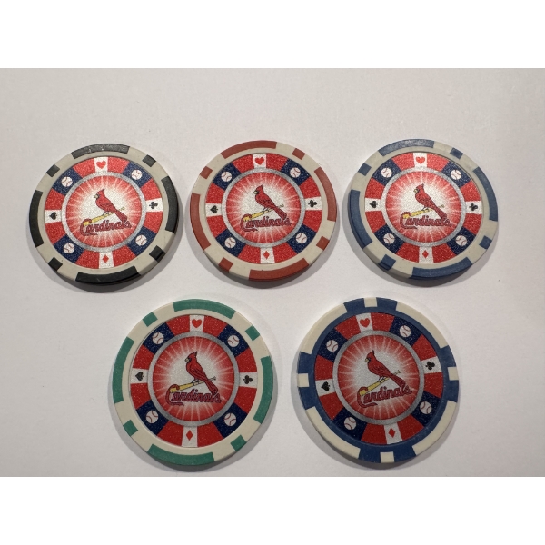 5 - RARE ST. LOUIS CARDINALS Clay Poker Chips - Mint Condition - Complete Set