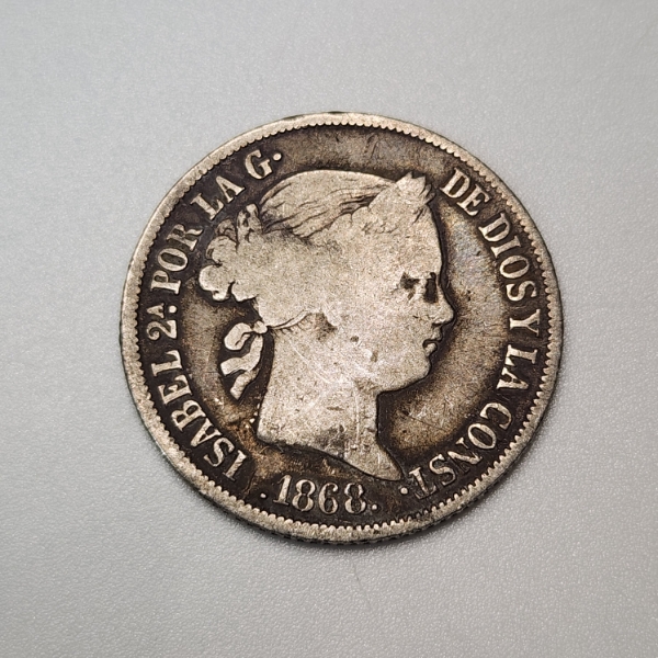 1868 Spanish Philippines 20 Centavos Silver Coin - Isabel II ASW: 0.1502oz