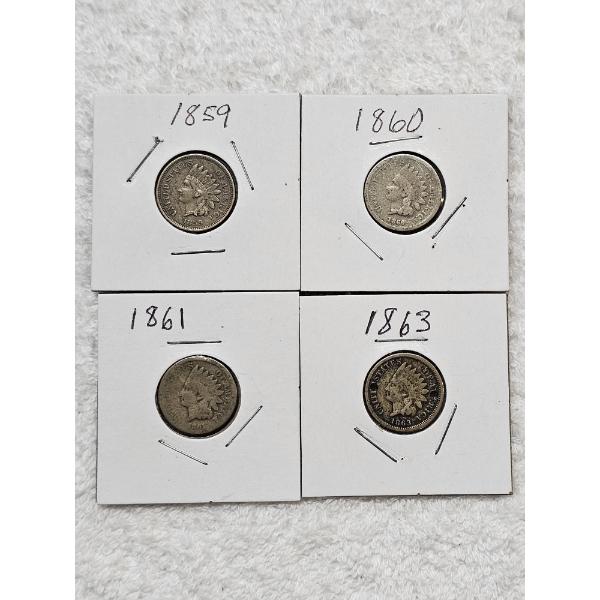 Lot of (4) Indian Head Cent Coins - 1859, 1860, 1861, and 1863