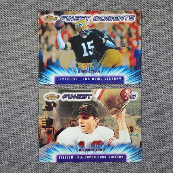 Two 2000 Topps Finest Moments Large 4" Football Trading Cards Ft. Joe Montana & Bart Starr