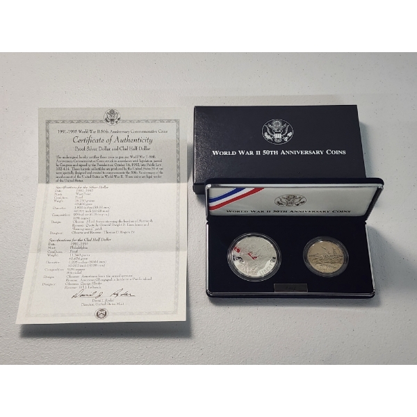 1991-1995 World War II 50th Anniversary Commemorative Coins Including 90% Silver Half Dollar 