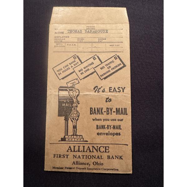 Vintage Alliance First National Bank Advertising Envelope - Bank By Mail Envelope - Alliance, Ohio