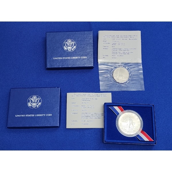 1986 Liberty Half Dollar and 1986 Liberty 90% Silver Dollar - With Display and COA