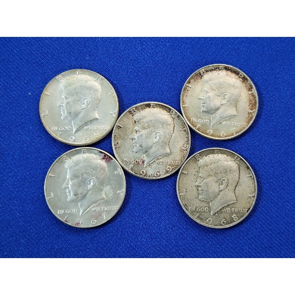 x5 40% Silver Kennedy Half Dollars: 1967, 1968, 1969, 1968, 1967 FV: $2.50