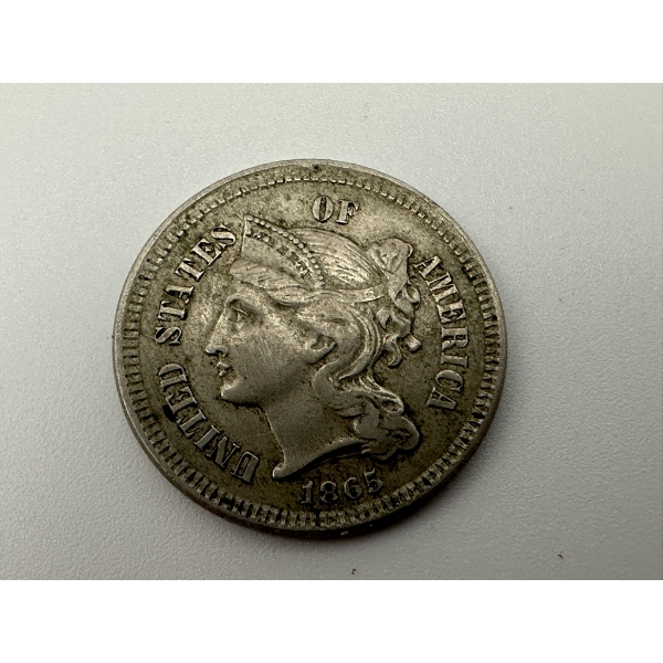 First Year of Issue - 1865 Three Cent Nickel - Excellent Example