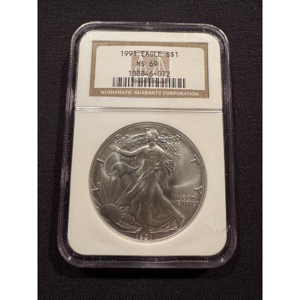 1991 United States American Silver Eagle .999 Fine Silver Troy Ounce - NGC MS 69