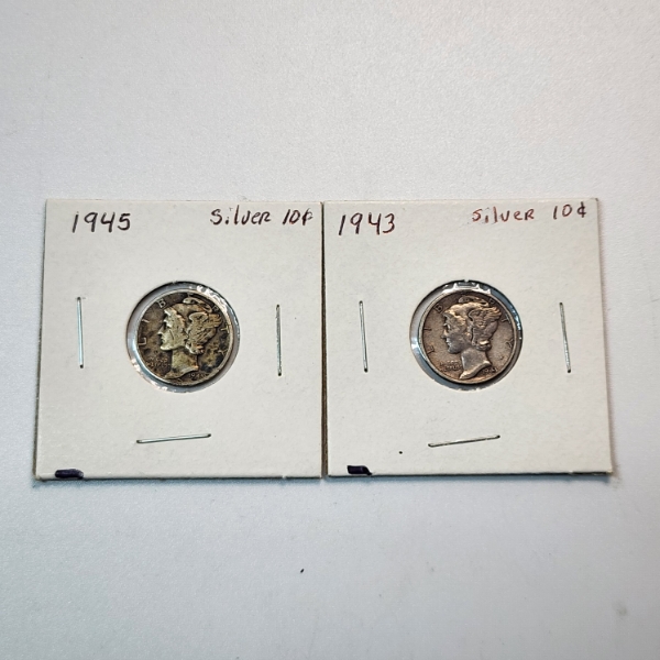 Two United States 90% Silver Mercury Dimes: 1943 & 1945