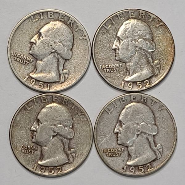 (4) United States 90% Silver Washington Head Quarters - 1951-D, 1952, 1952-D, 1952-S