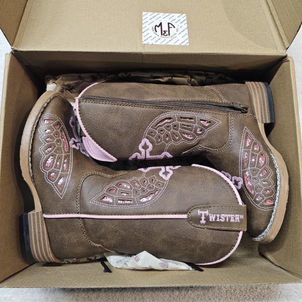 M&F Western Products Twister Girls' Gracie Brown And Pink Cross Wings Cowboy Boots, Size 9