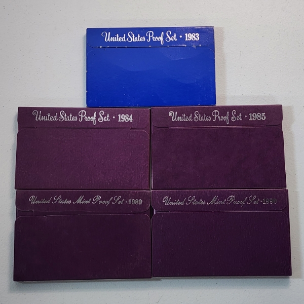 Five Assorted United States Mint Proof Sets: 1983, 1984, 1985, 1989, 1990