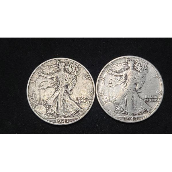 194-D & 1942 90% Silver Walking Liberty Half Dollars - Face Value: $1.00