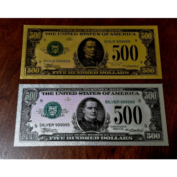2 Pcs - .999 GOLD & SILVER FOIL U.S. $500 NOTES - IN PROTECTIVE SLEEVES
