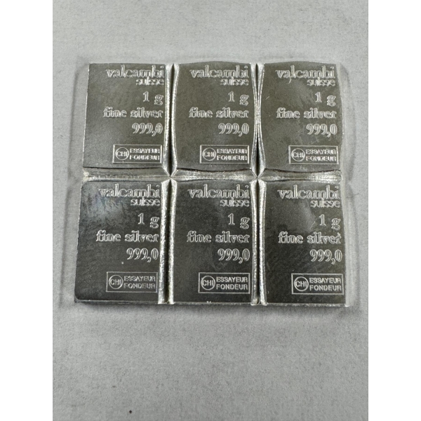 6 - Valcambi Fine Silver 999.0 Bars Weighing 1 Gram Each ~ 6 TOTAL GRAMS .999 FINE SILVER - Mint