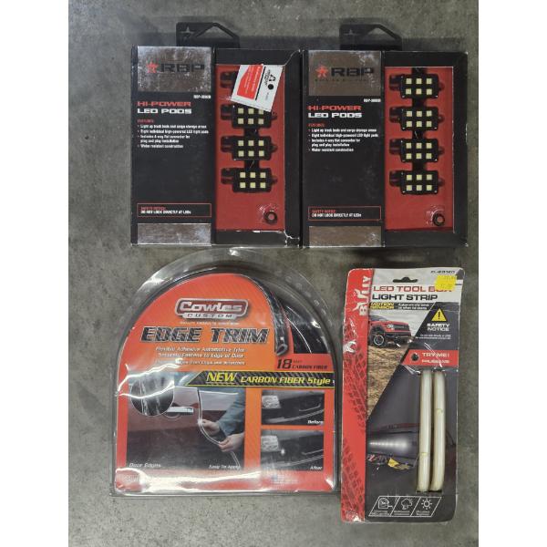 Brand New- Two Packs Of RBP LED Pod Lights, Lighted Edge Trim, & Light Strip 