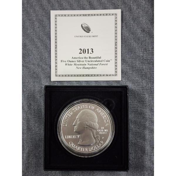 America The Beautiful 2013-P Five Ounce Silver Uncirculated Coin in Original Packaging - 5 Oz Silver