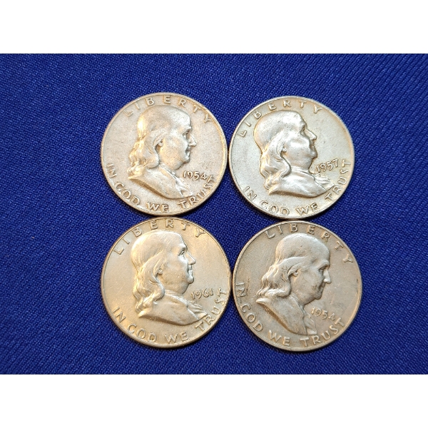 x4 Assorted Years 90% Silver Franklin Half Dollars - Face Value: $2.00