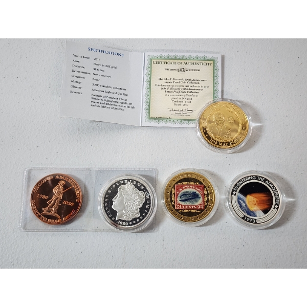 Assorted U.S. Copy/Commemorative Coins: 24K GP JFK, Morgan Copy, Apollo, & More - See Photos!!