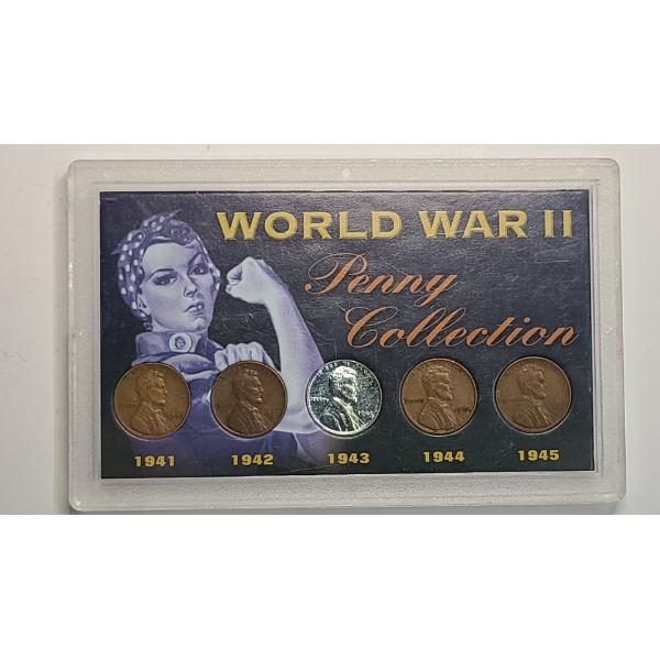 World War II Penny Collection Display With Assorted Years/Mint Marks Lincoln Wheat Cents
