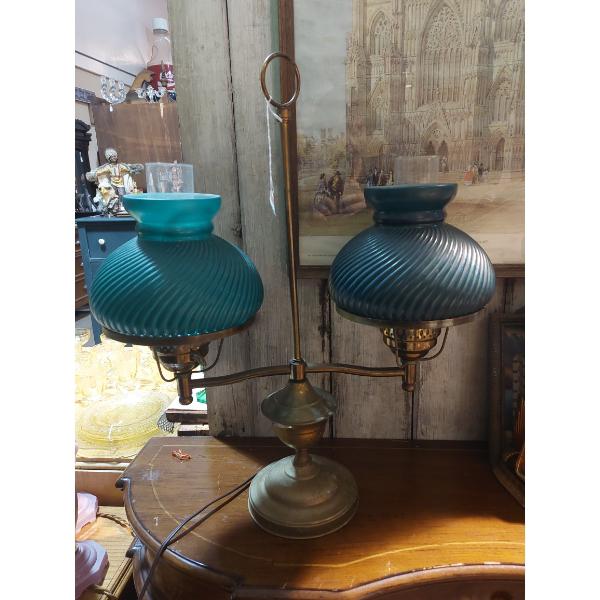 Antique Twin Student Desk Lamp With Swirl Twist Teal Cased Glass Shades - Electric - See Pics