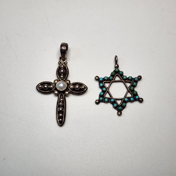 Two Sterling Silver Pendants: Pearl Cross & Turquoise Star of David - Total Weight: 9.1g