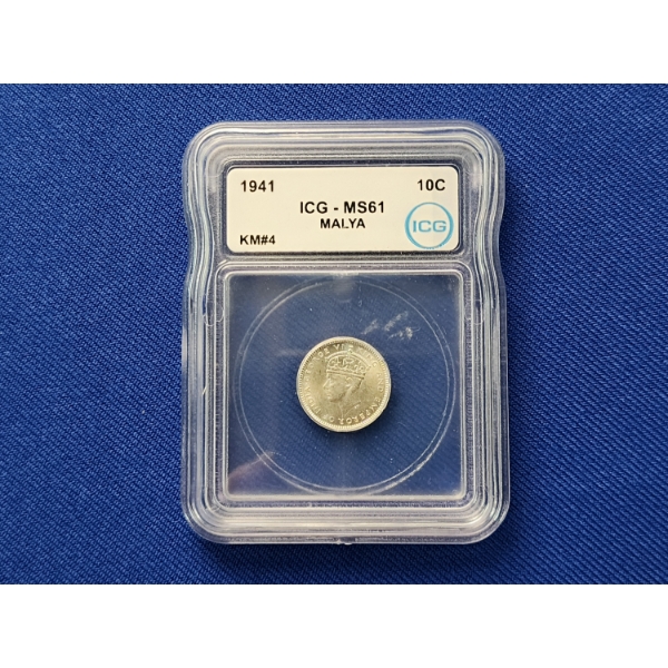 1941 Malya 10 Cents Silver Coin Graded ICG MS 61 ASW: 0.0653oz