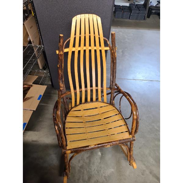 Rustic hickory rocking chair featuring a slatted oak seat and backrest - 46 inches tall
