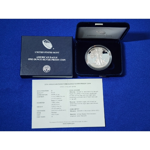 2014-W Silver American Eagle Proof $1 - 1 Troy oz .999 Fine Silver w/ Box & CoA