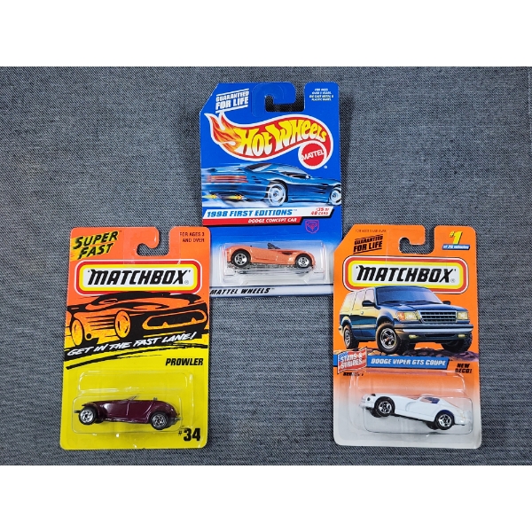 3 Vintage NEW IN THE BOX Matchbox & Hot Wheels Die Cast Toy Cars ~ Viper, Prowler & Concept Car!