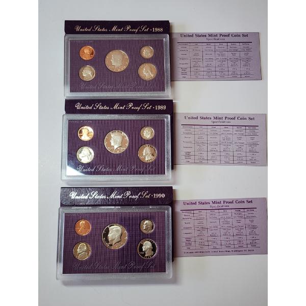 x3 United States Mint Proof Sets: 1988, 1989, 1990 With Original Packaging & CoA