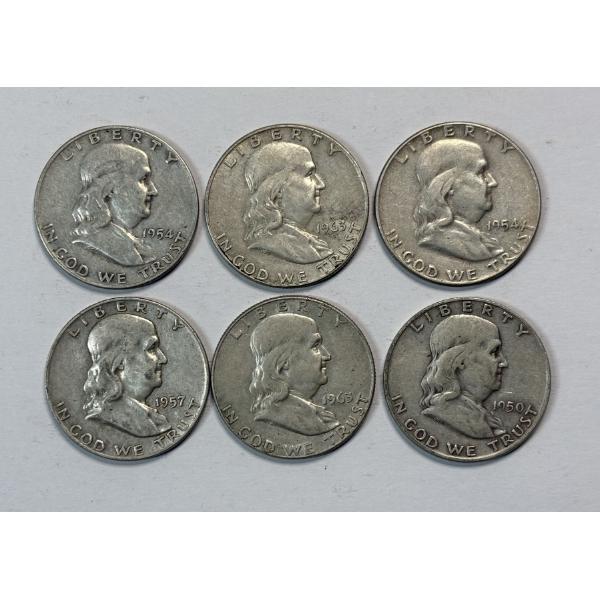 Lot of 6 Assorted Year 90% Silver Franklin Half Dollars, FV $3.00