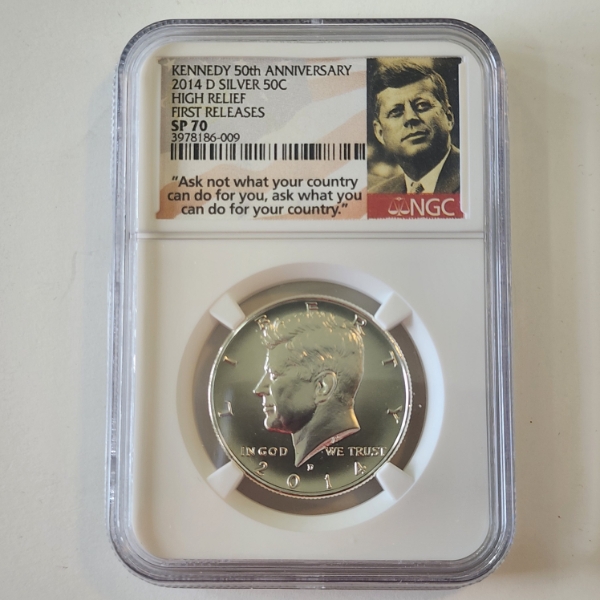 Kennedy 50th Anniversary 2014-D Silver Half Dollar NGC SP 70 High Relief First Releases