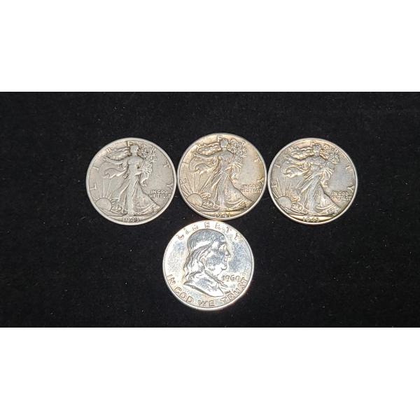 1941, 1943, 1943-S 90% Silver Walking Liberty Half Dollars & 1960 90% Silver Franklin Half Dollar 