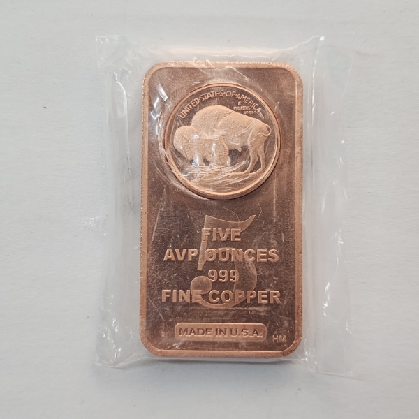 Buffalo Design 5 AVP Ounces .99 Fine Copper Bar - In Sealed Package