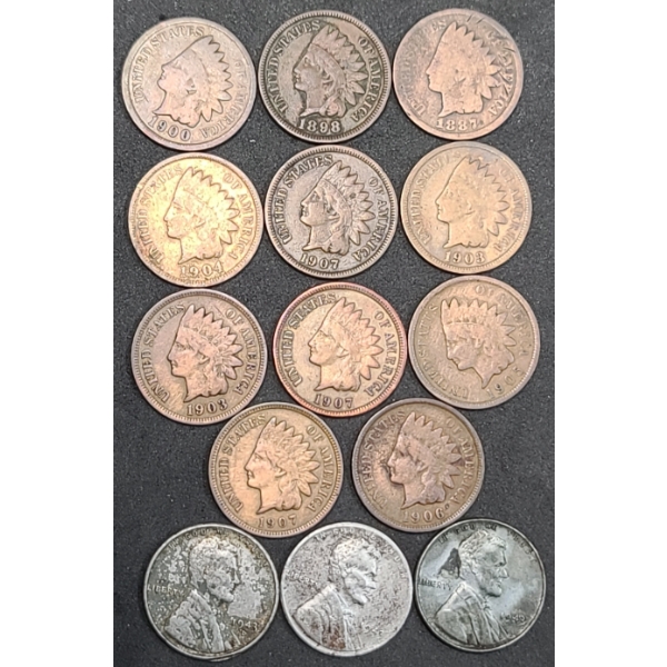 (11) Assorted Years Indian Head Cents & (3) 1943 Steel Lincoln Cents - Face Value: $ 0.14