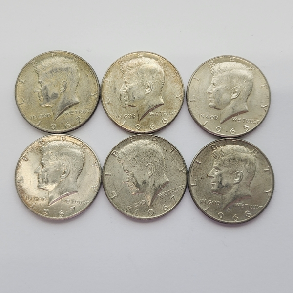 Six Assorted Years 40% Silver Kennedy Half Dollars - FV: $3.00