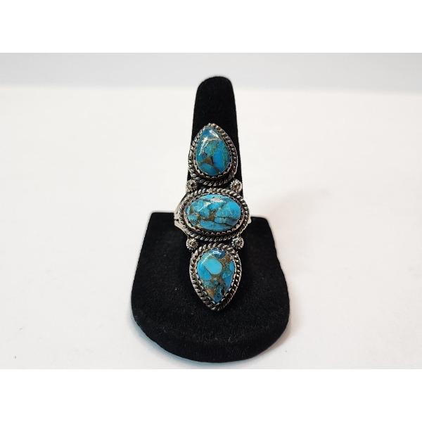 Stunning Sterling Silver Statement Ring With Three Turquoise Stones - Size 9 - TW: 9.6g