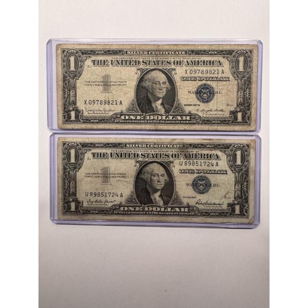 2 - 1957 United States Washington One Dollar Silver Certificates In Protective Holders
