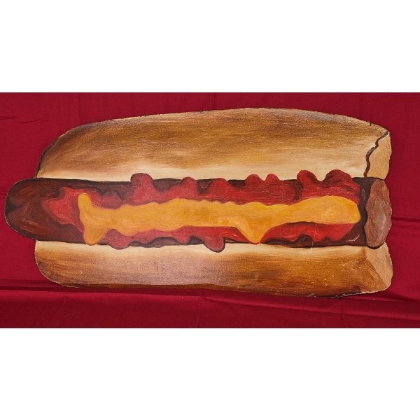 Vintage Interior DINER masonite Wall Sign - 2nd of A Group Of 4 -  31 x 15 Hot Dog On Bun