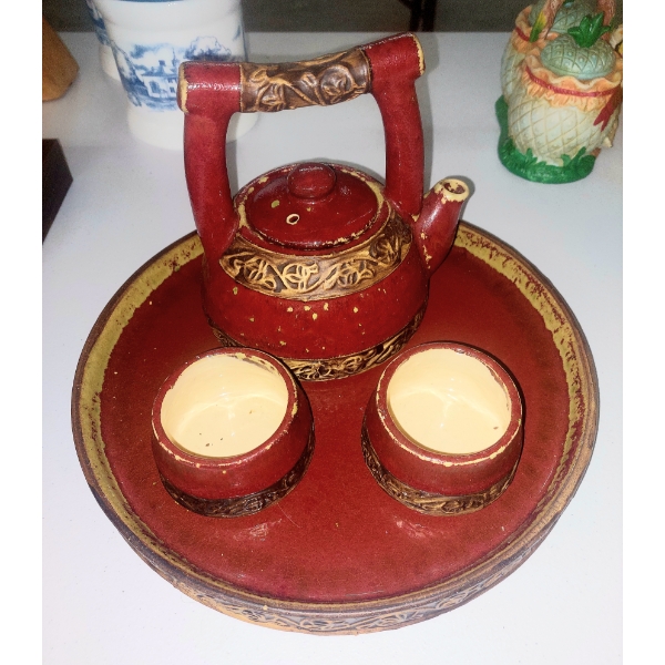 Vintage Pottery Japanes Tea Set - Tray,  Lidded Tea Pot, 2 Bowls - Perfect Condition