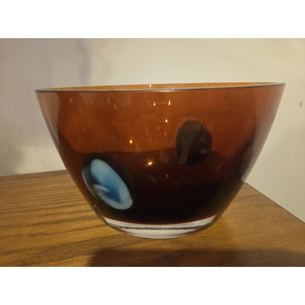 Evolution By Waterford 1970s Amber Glass With Turquois Dot Oval Vase