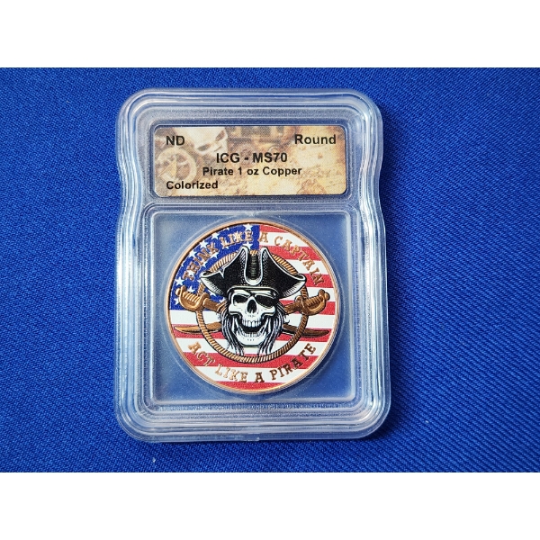 1 oz .999 Fine Copper Colorized Pirate Round - ICG MS 70