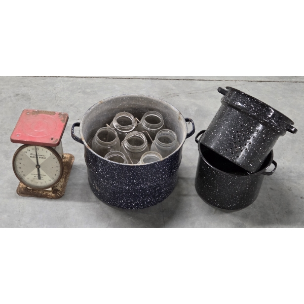 Great Condition Vintage Enamelware Double Boiler, Canning Pot With Wire Rack & Jars And Scale
