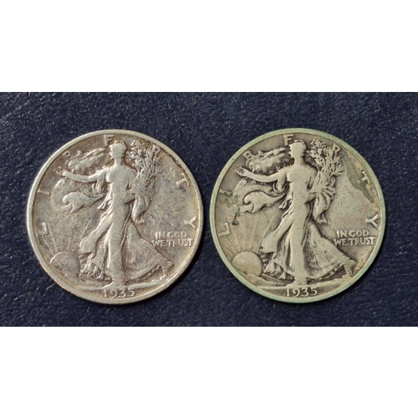 2 pcs  90% Silver Halves -  1935 S / 1935 D  Walking Liberty Half Dollars - See Pictures